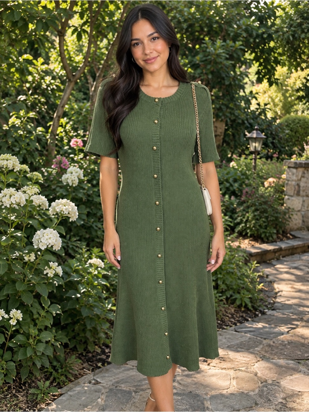 French Connection Olive Green Ribbed Button-Front Midi Dress